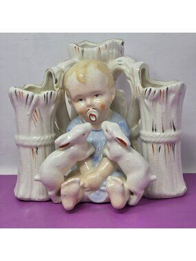 Vintage Made In Japan Baby‎ With Rabbits Ceramic Flower Vase Planter Figurine